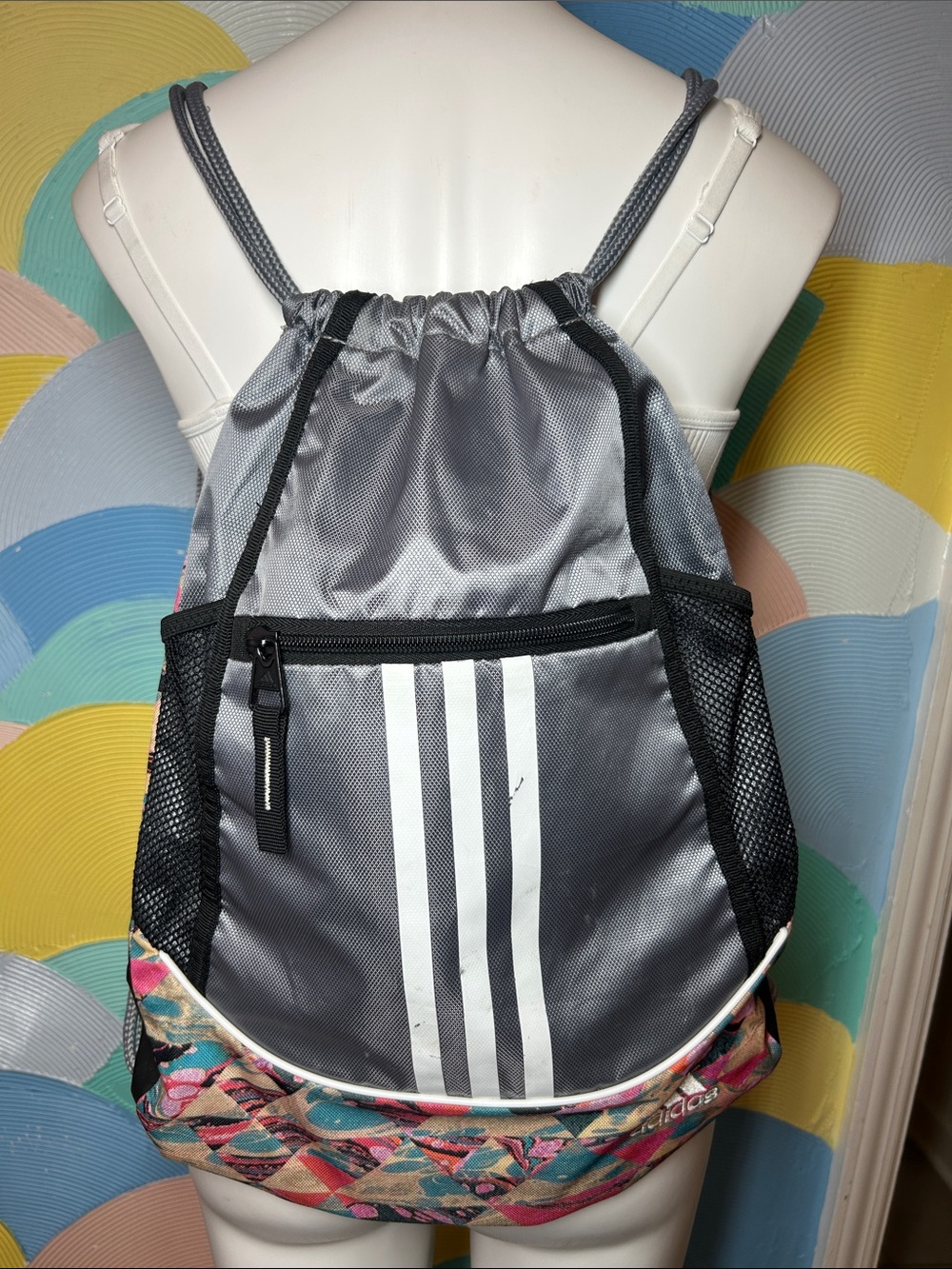 Silver Drawstring Backpack with Accent Print